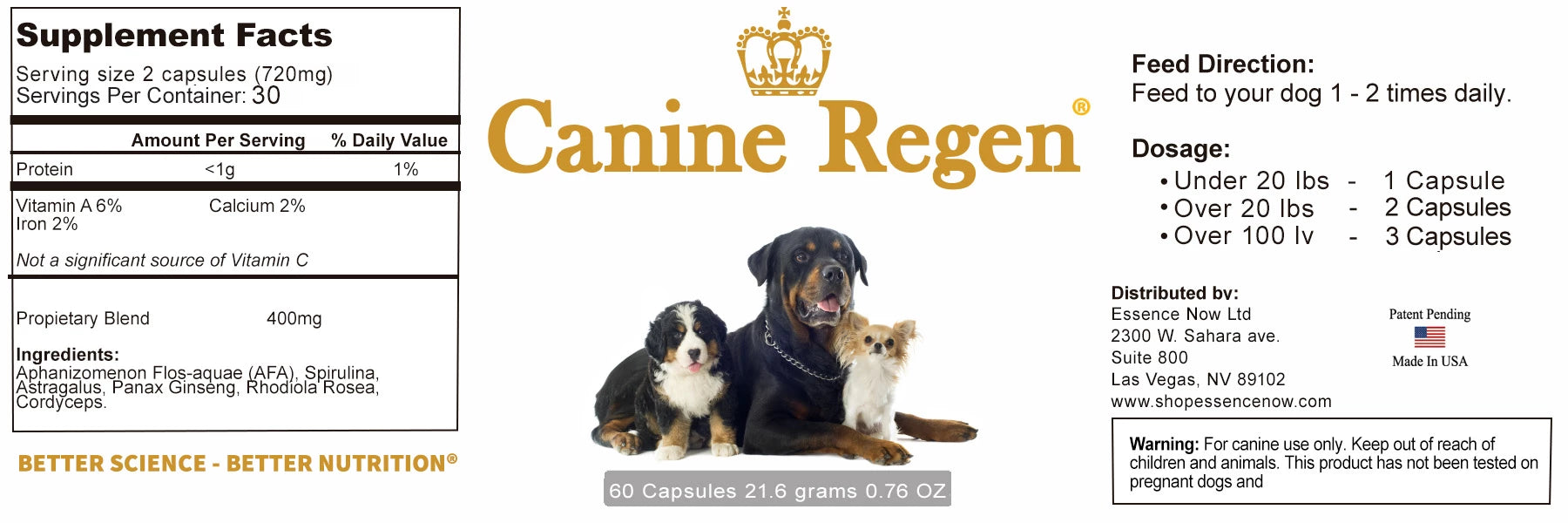 CANINEREGEN® label contain all-natural ingredients for your dog's happy lifestyle.
